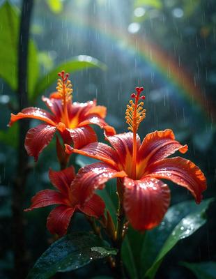 The primary subject of the image is a close-up of two red flowers with orange tips, sitting in the rain. The setting is a forest, with the flowers surrounded by green leaves. The visual style is a photo, capturing the beauty of the flowers in their natural environment. The colors and mood of the image are vibrant and lively, with the red and orange flowers standing out against the green leaves and the rain-soaked background.